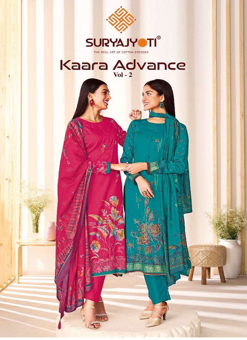 Kaara Advance Vol 02 by SuryaJyoti Jam Satin Printed Dress Material at Best Price Catalog